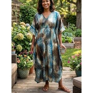Winlar brown tan blue all over print satin feel boho casual kaftan one size NWT